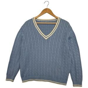 John Galt Cable Knit Sweater Womens Small Blue V Neck Preppy Classic Cottage